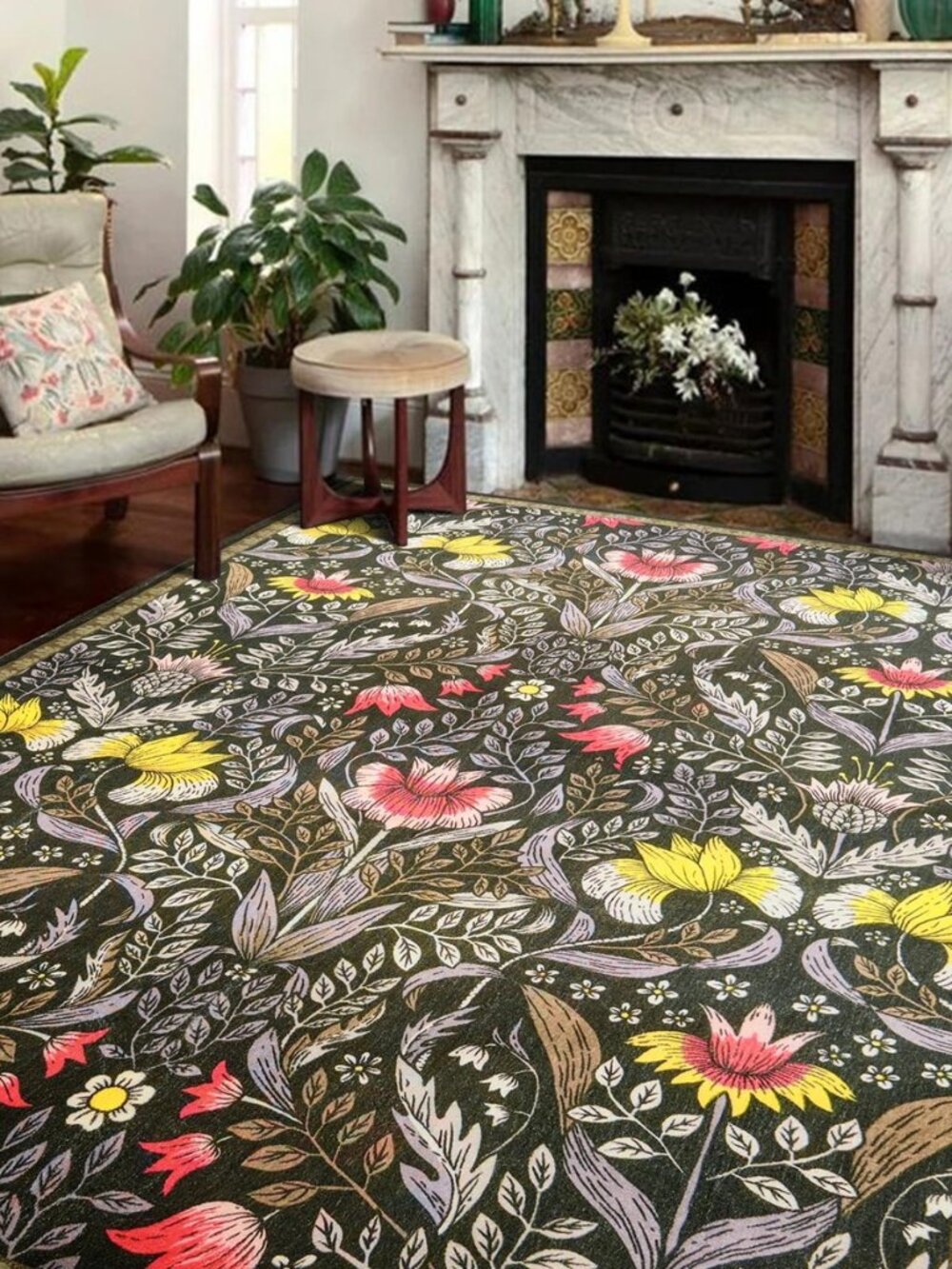 Dark Green Vintage Floral Rug Washable, Ultra Thin Boho Cute Botanical Farmhouse